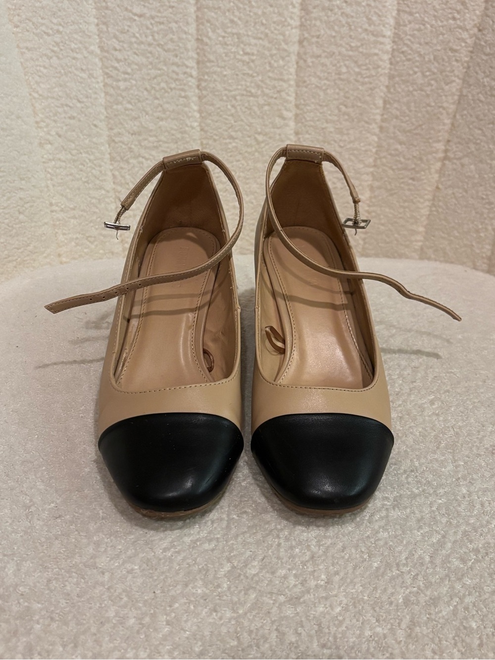 Two-Tone Beige and Black Ankle-Strap Pumps